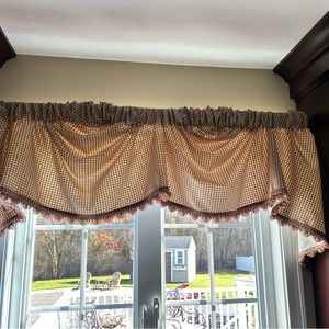 Valances - beige and maroon check with trim.